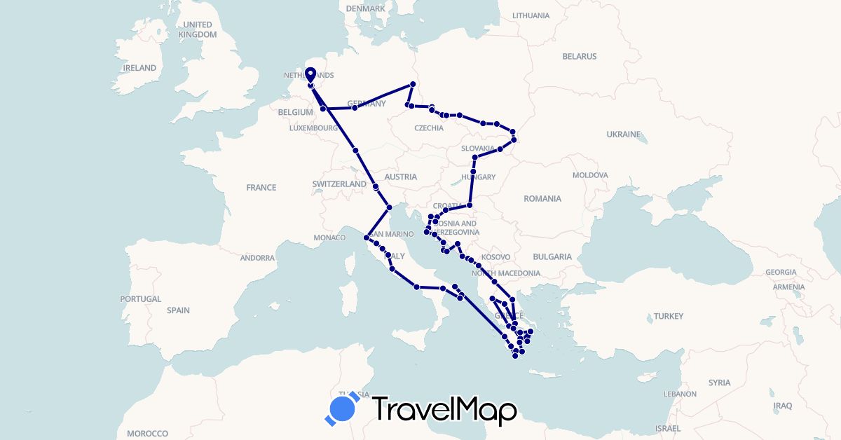 TravelMap itinerary: driving in Albania, Bosnia and Herzegovina, Czech Republic, Germany, Greece, Croatia, Hungary, Italy, Montenegro, Macedonia, Netherlands, Poland, Slovakia (Europe)